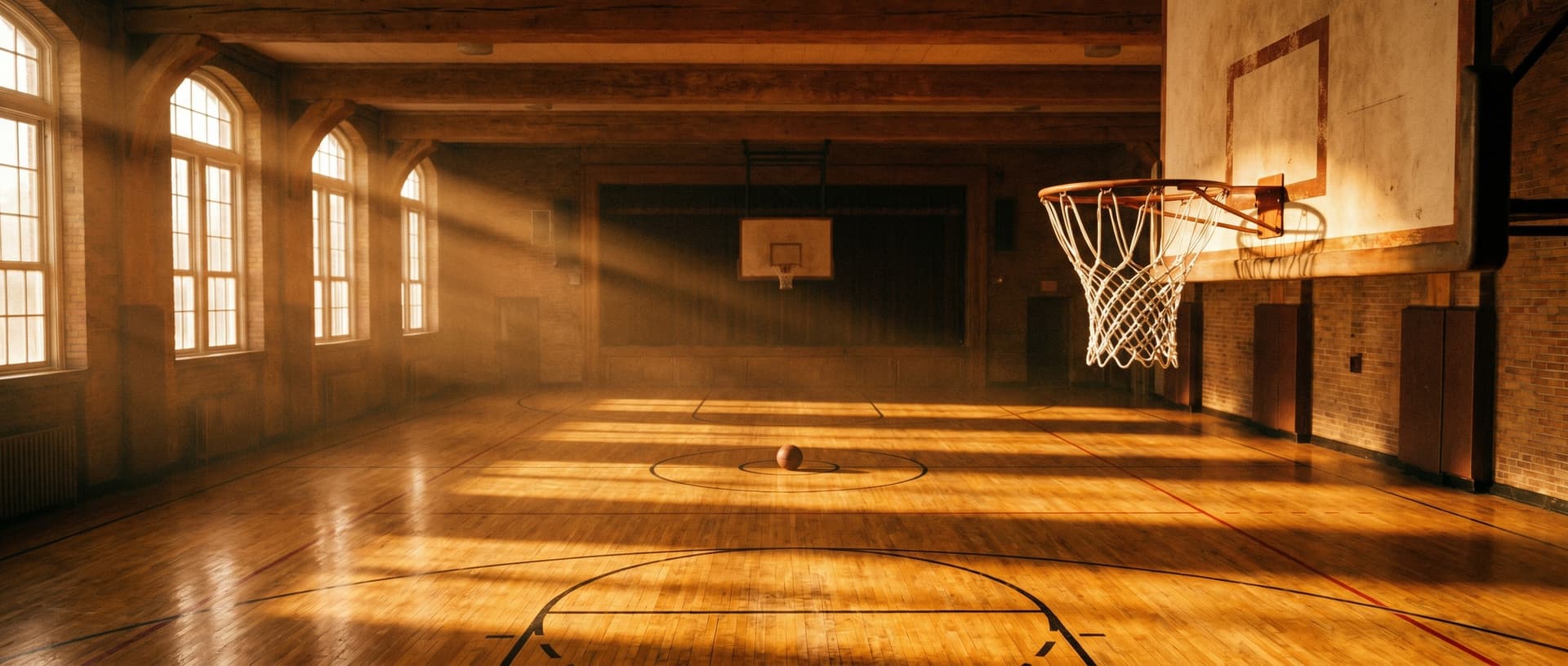 Empty gym with sun streaming through arched windows
